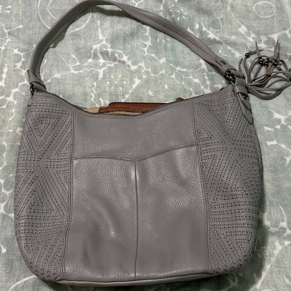 the sak Slouchy Satchel Taupe Grey Embroidered Leather with Tassels